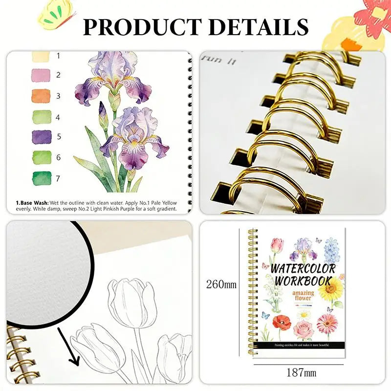 Spiral Bound Watercolor Flower Workbook – Thick Cotton Paper Watercolor Workbook Qme