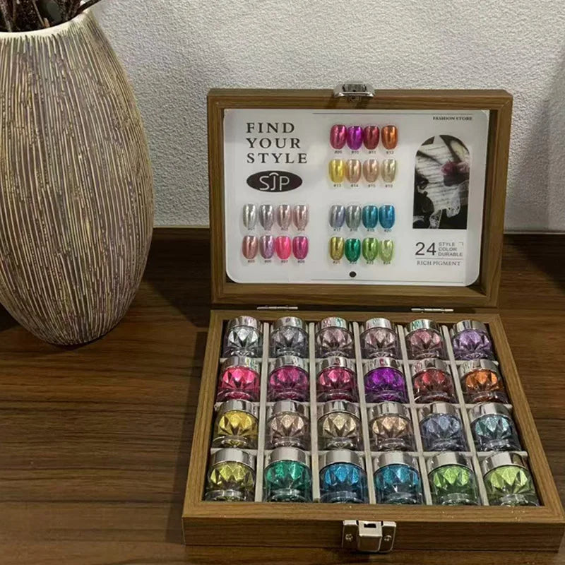 24-Color Mirror Nail Art Powder Set, Storage Box & DIY Charms Nail Art Powder Set Qme