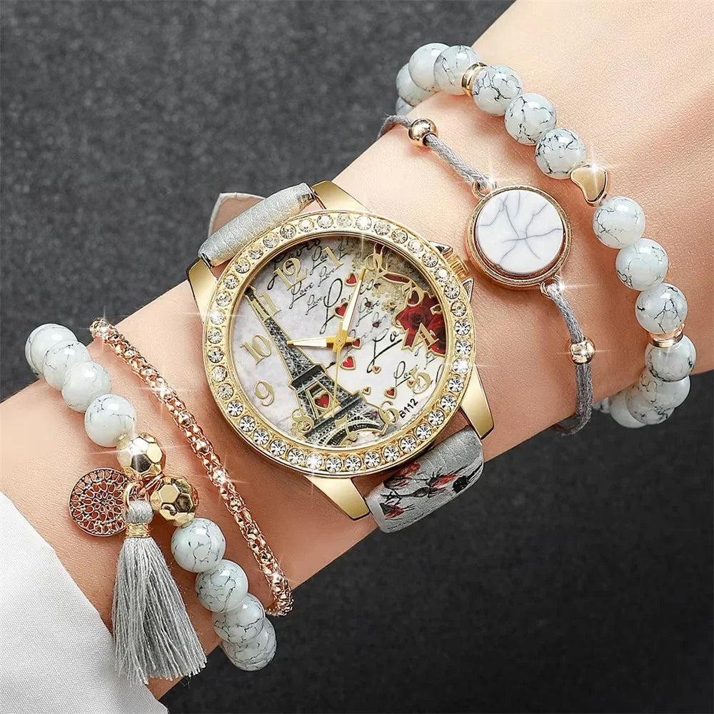 Women's Retro Quartz Watch & Beaded Bracelet Set | 5-Piece Quartz Watch Set Qme 5Pcs Set No