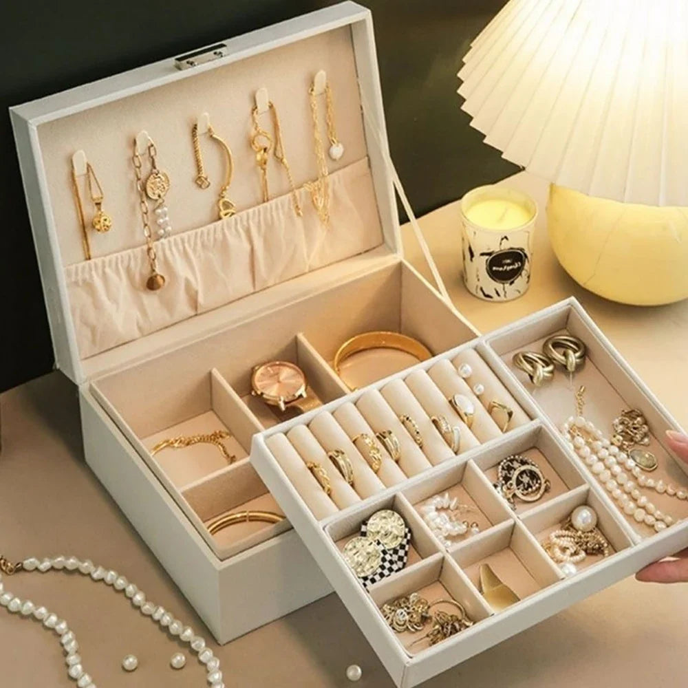 Double-Layer Locking Jewelry Box | PU Leather Organizer Jewelry Storage Box Qme