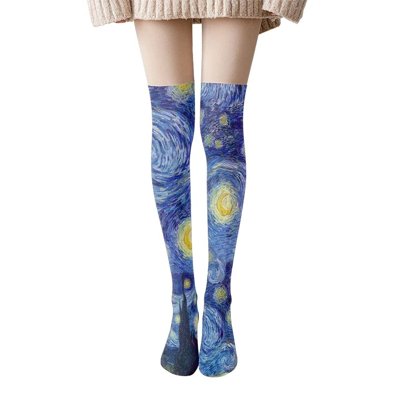 Van Gogh Art Print Thigh High Stockings – Starry Sky & Sunflower Thigh High Stockings Qme style15 One Size