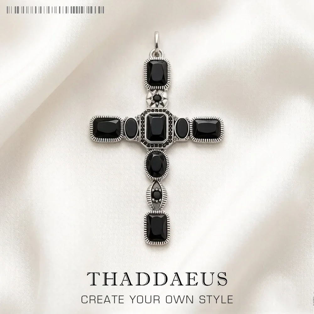 Cross Black Stone Pendant – 925 Sterling Silver Vintage Silver Cross Pendant Qme Black
