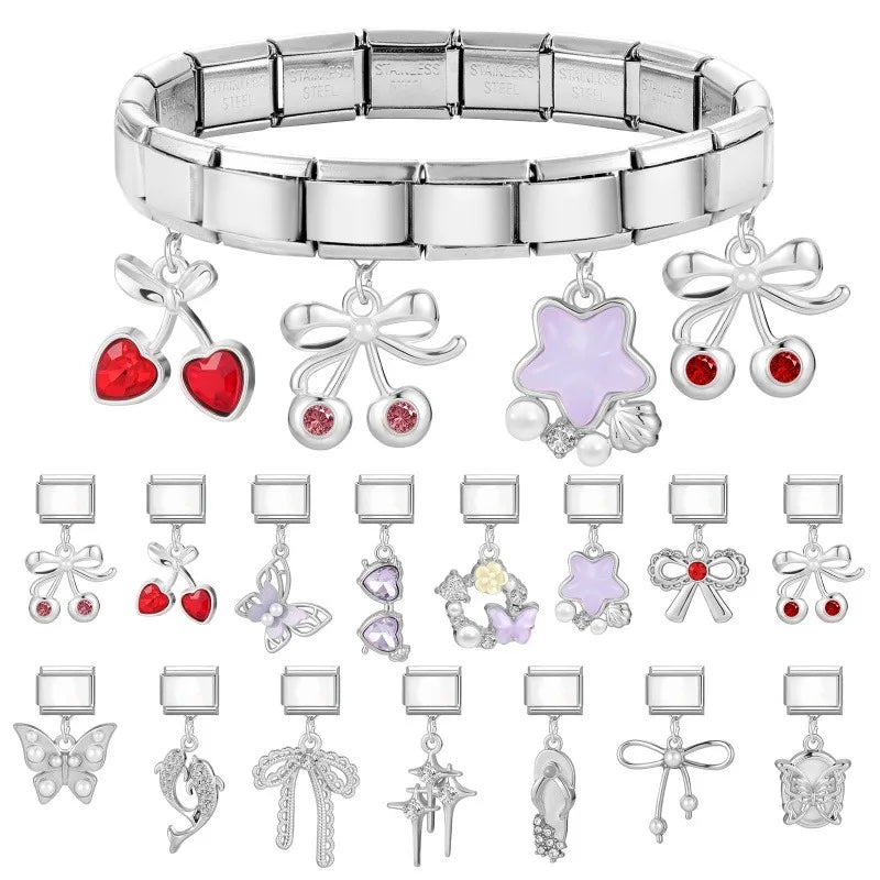 Shiny Zircon Red Cherry Bow Italian Charm – 41 Color Options Italian Charm Qme