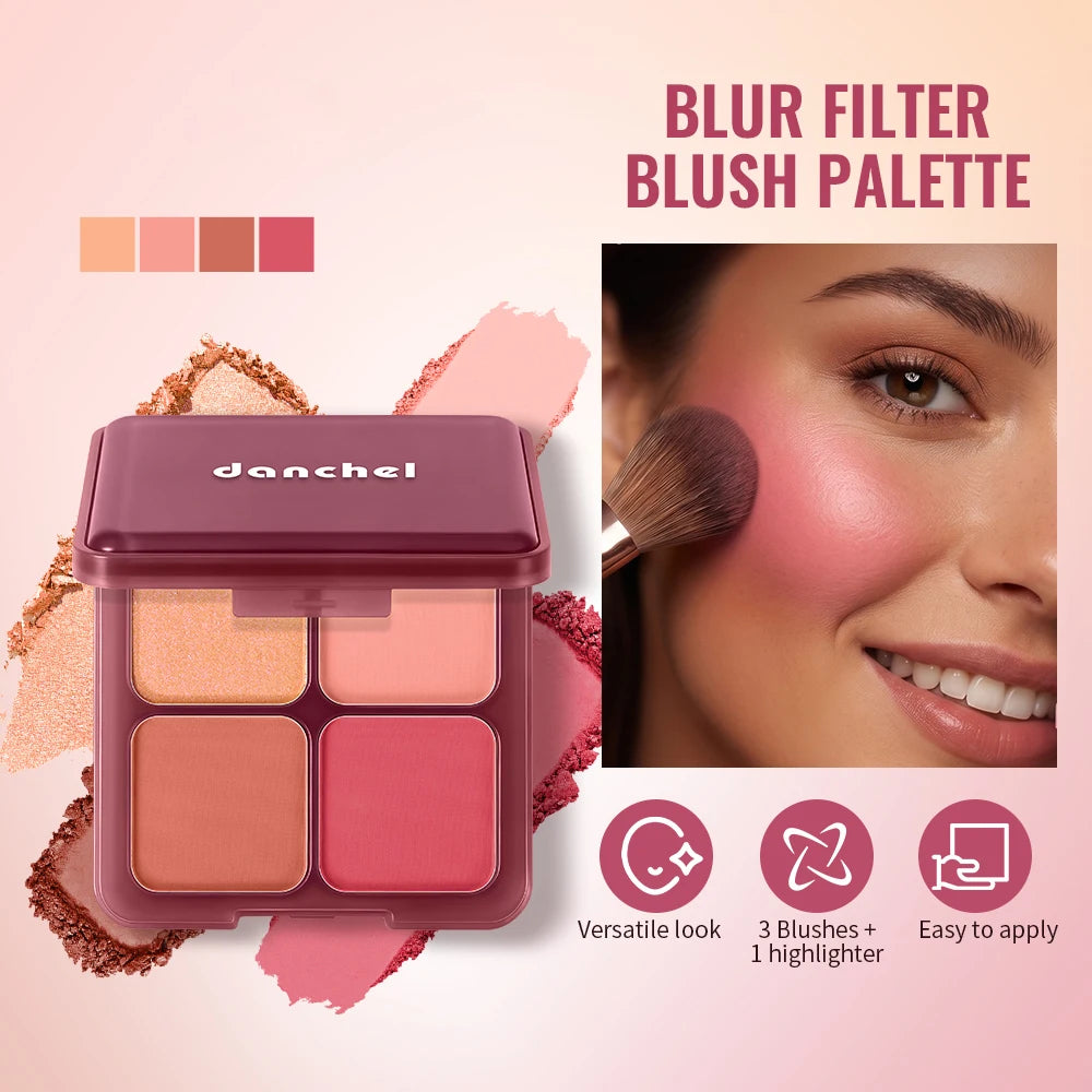 4-Color Blush & Highlighter Palette with Built-In Brush Blush Palette Qst