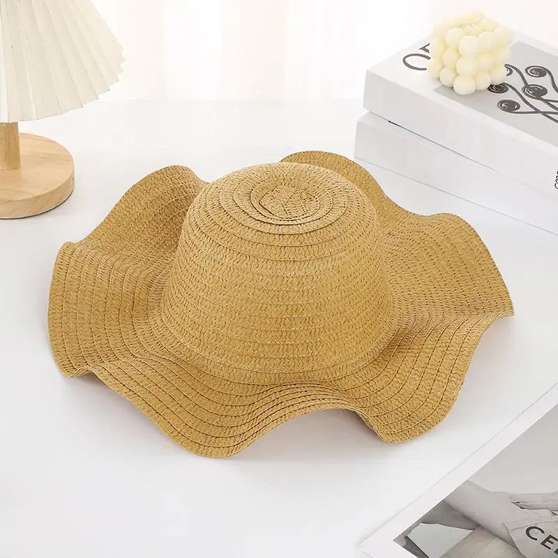 Women's Wide Brim Straw Hat – Wavy Edge Beach Sun Cap Women's Straw Hat Qst Khaki