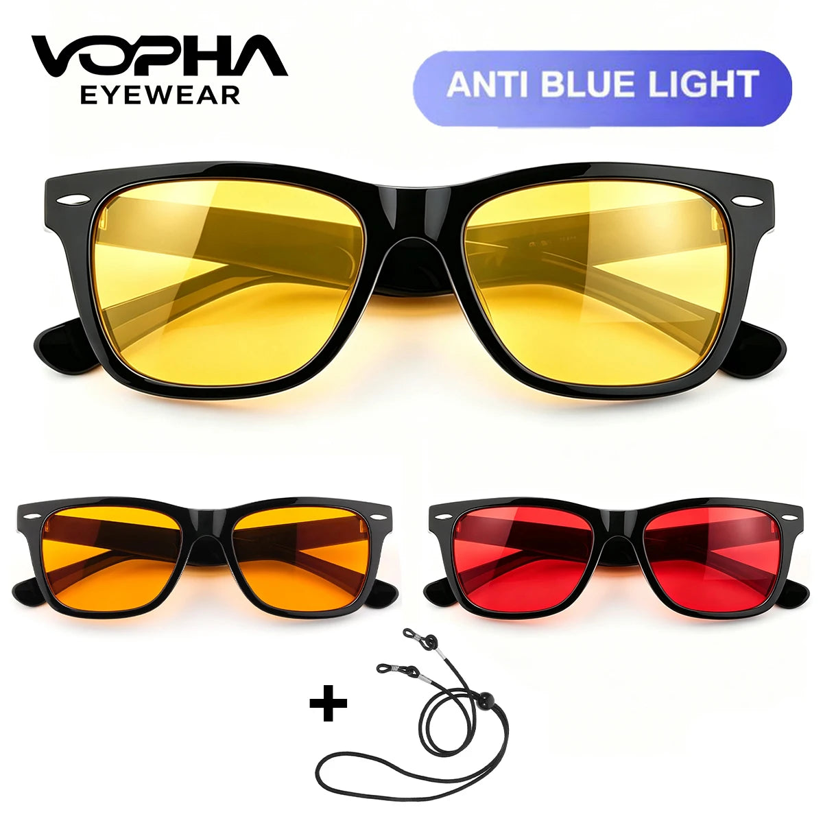 VOPHA Square Blue Light Blocking Glasses with Retainer Strap S71 Blue Light Glasses Qst