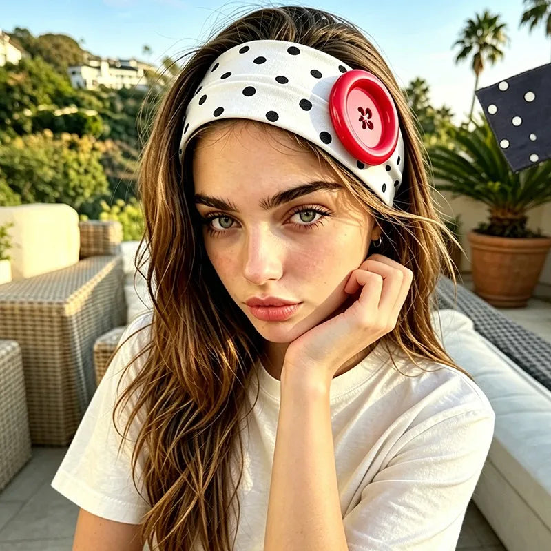 Retro Y2K Polka Dot Button Headband – Women's Boho Style Fashion Headband Qme