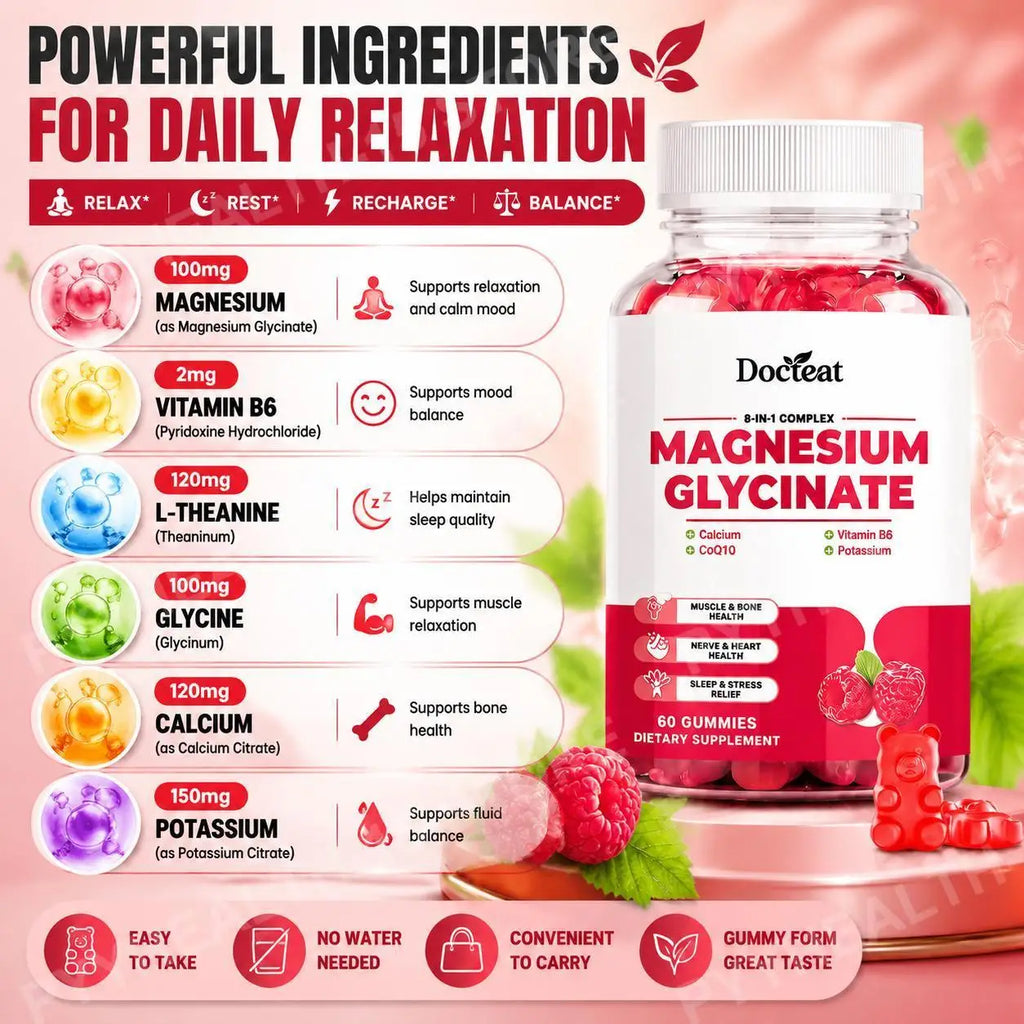 Docteat Magnesium Glycinate Gummies 60ct – GABA, CoQ10 & B6 Wellness Supplement Gummies Qst