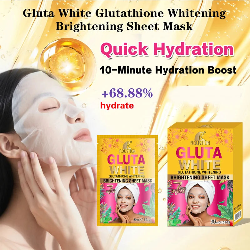 ROUSHUN Gluta White Facial Mask – Moisturizing, 10 Pcs/Box Facial Sheet Mask Qst