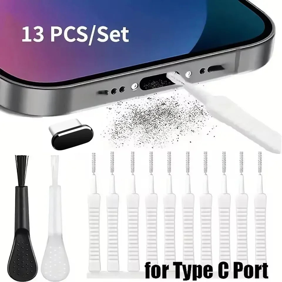 13-Pc Phone Charging Port Dust Plug & Cleaning Brush Set Phone Port Cleaning Kit Qme 13PCS Set For Type C