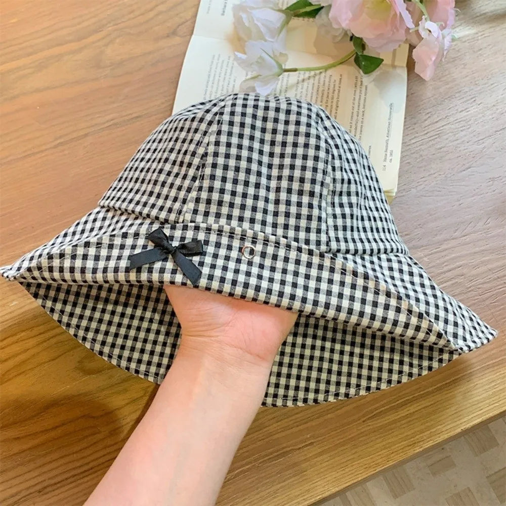 Black Bowknot Plaid Bucket Hat | Gingham Wide Brim Bucket Hat Qme Black