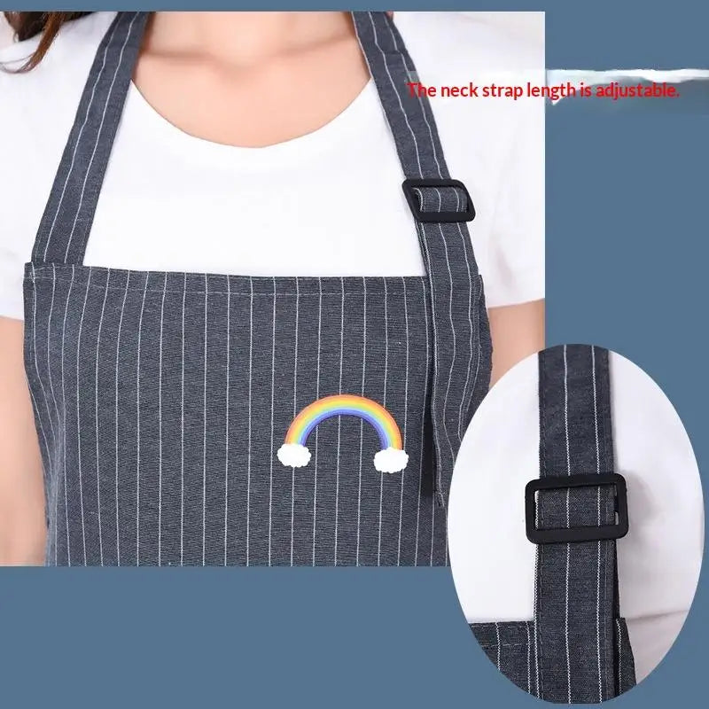 Striped Linen-Cotton Apron – Zippered, Oil-Resistant & Breathable Kitchen Apron Qst