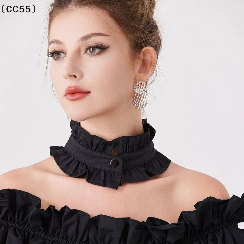 Women's Ruffle Detachable Collar & Fake Cuff Set – Button Stand Detachable Collar Set Qst