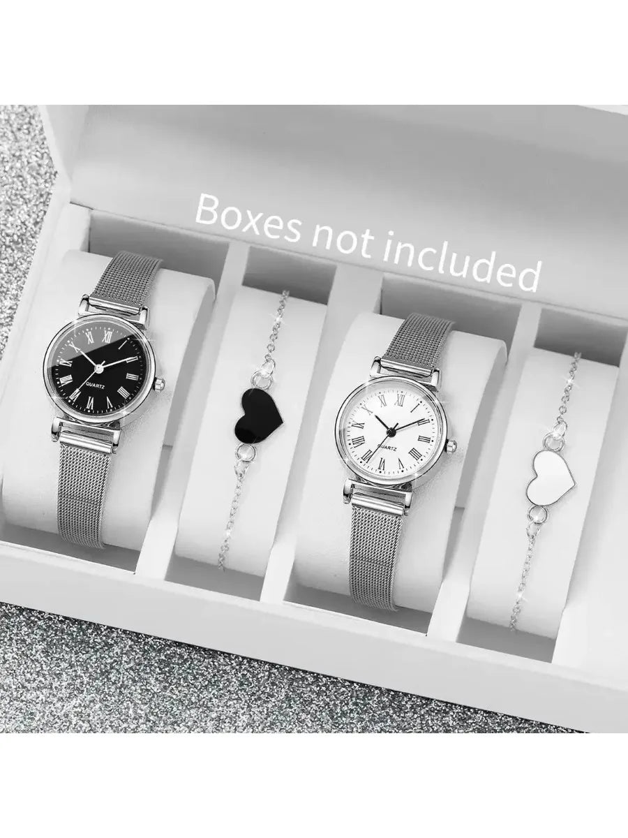 Women's Roma Dial Quartz Watch | Mesh Strap Fashion Watch Women's Quartz Watch Qme 4PCS No