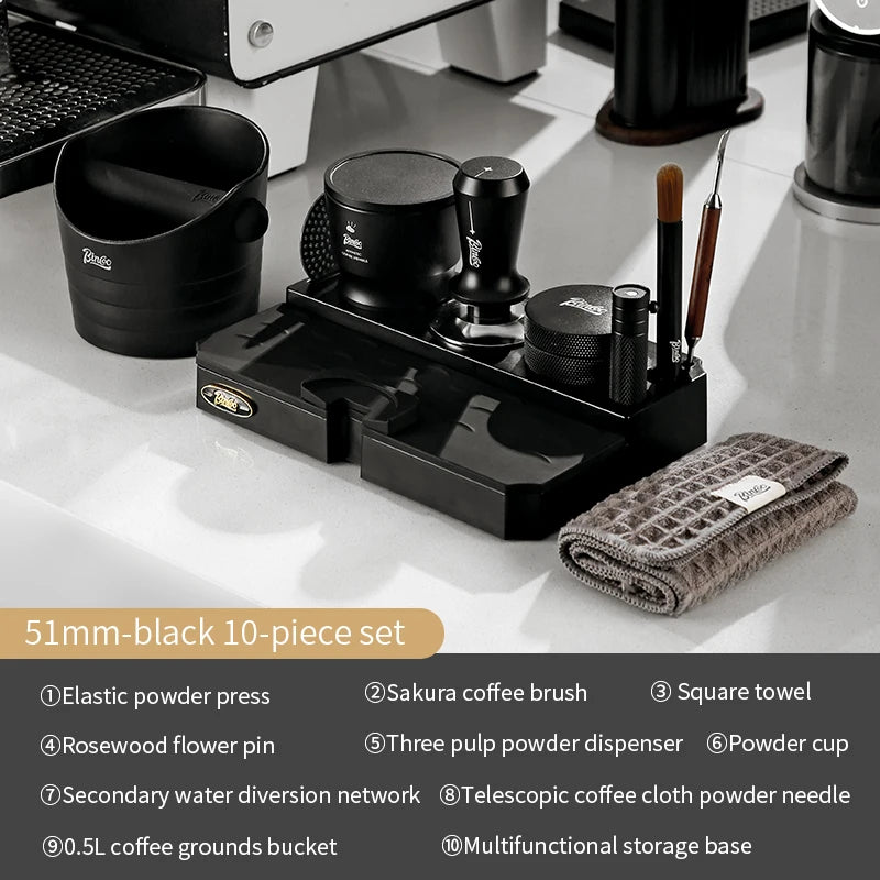 Bincoo Black Espresso Tamping Station 8-Piece Barista Set Espresso Tamping Station Qst 10PCS Set 51mm