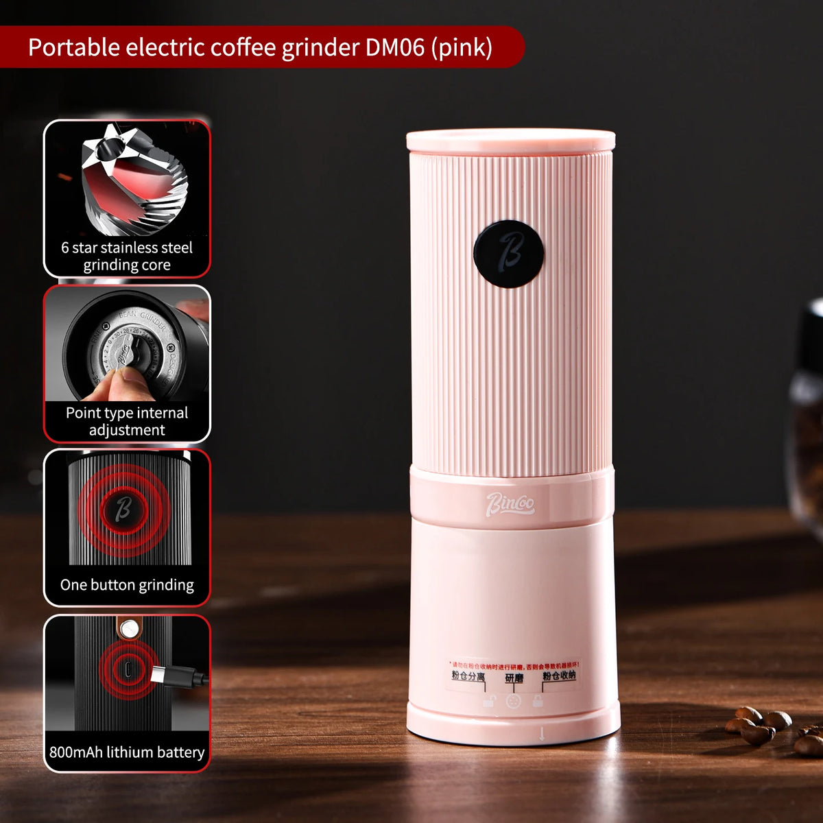 Bincoo BC-DM06 Portable Rechargeable Electric Coffee Grinder Electric Coffee Grinder Qst pink