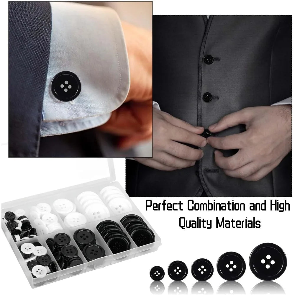160pcs Round Resin Sewing Buttons 4-Hole Mixed 5 Sizes Black White Sewing Buttons Qme