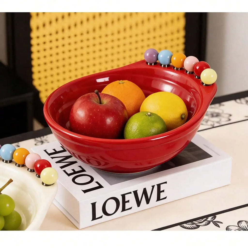 Large Stainless Steel Fruit Bowl Set with 6 Forks | Platter Fruit Bowl Set Qme red
