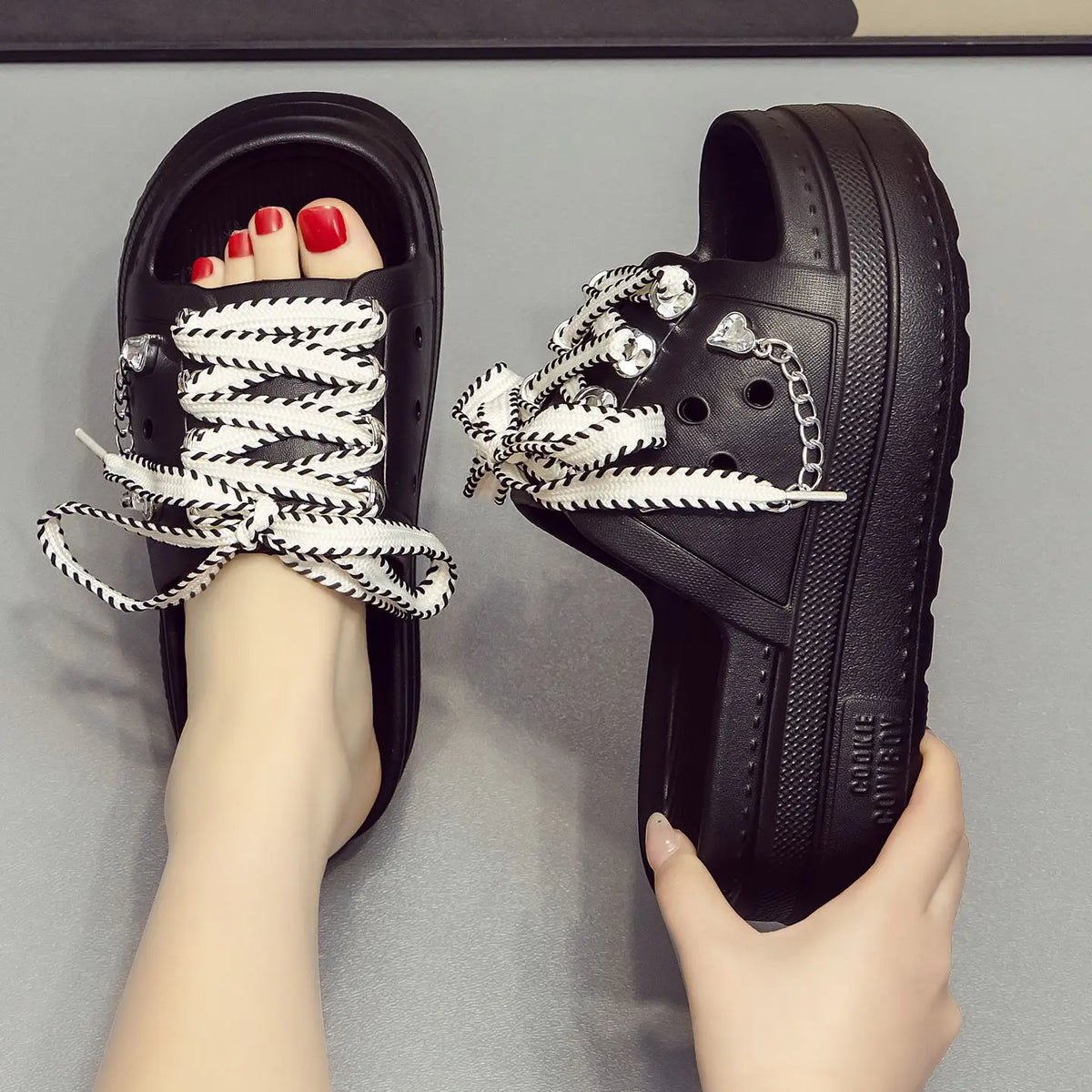 Women's Platform Slides – Lace-Up Metal Chain Summer Slippers Platform Slides Qst Black 35-36