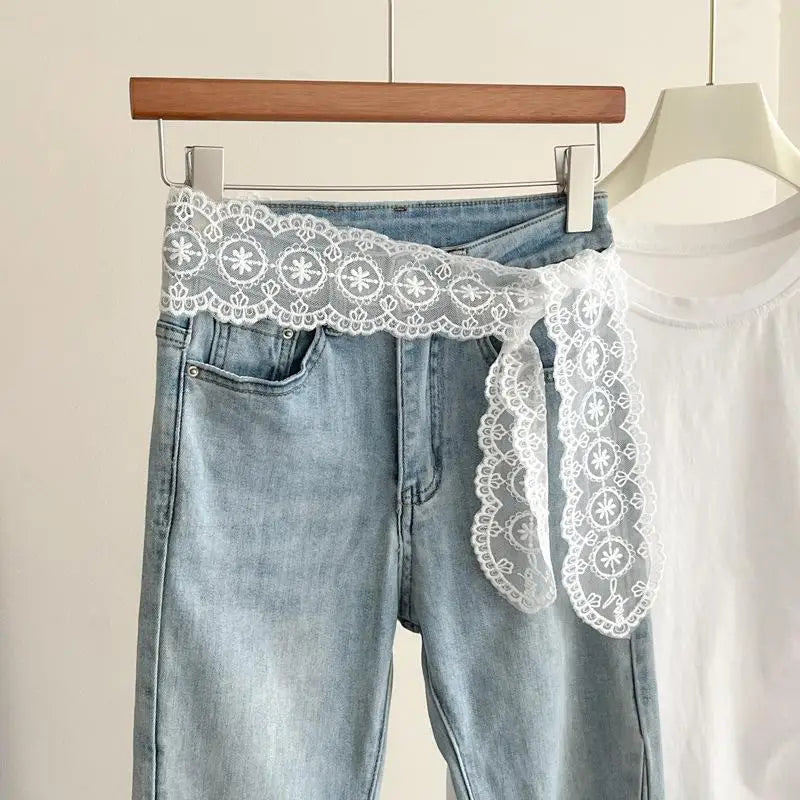 White Lace Mesh Embroidery Waist Belt for Women – Boho Style Lace Waist Belt Qst A2
