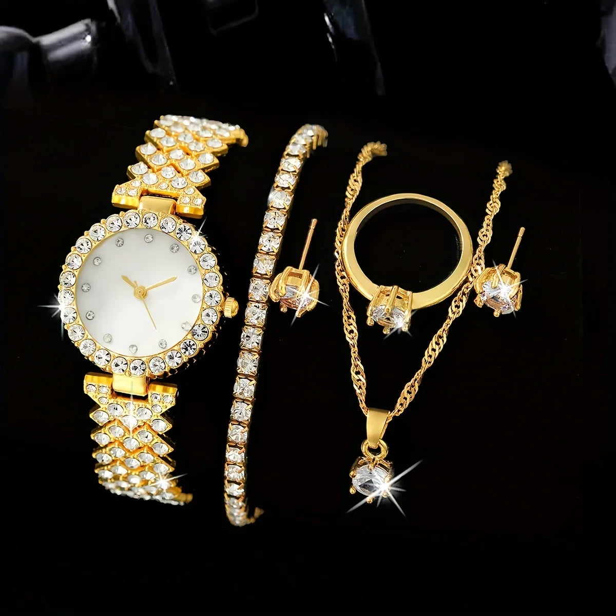 Rhinestone Quartz Wristwatch – Casual Round Analog Watch Analog Wristwatch Qme Golden Set