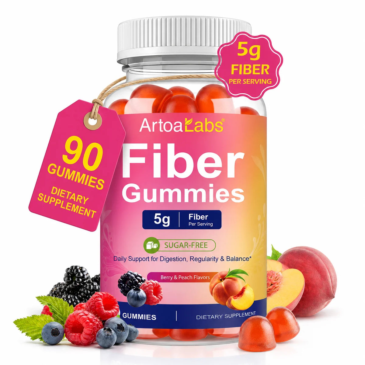 Sugar-Free Fiber Gummies 5g Dietary Fiber Berry Peach Vegan 90ct Fiber Supplement Gummies Qst 1 bottle 90 Gummies