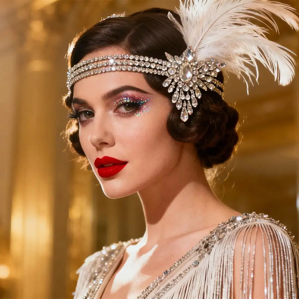 1920s Feather Headband | Sequin Rhinestone Masquerade Hair Band Feather Headband Qme