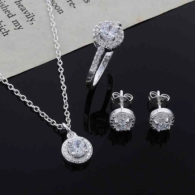Bridal CZ Necklace Earrings & Ring Set – 925 Sterling Silver Bridal Jewelry Set Qme