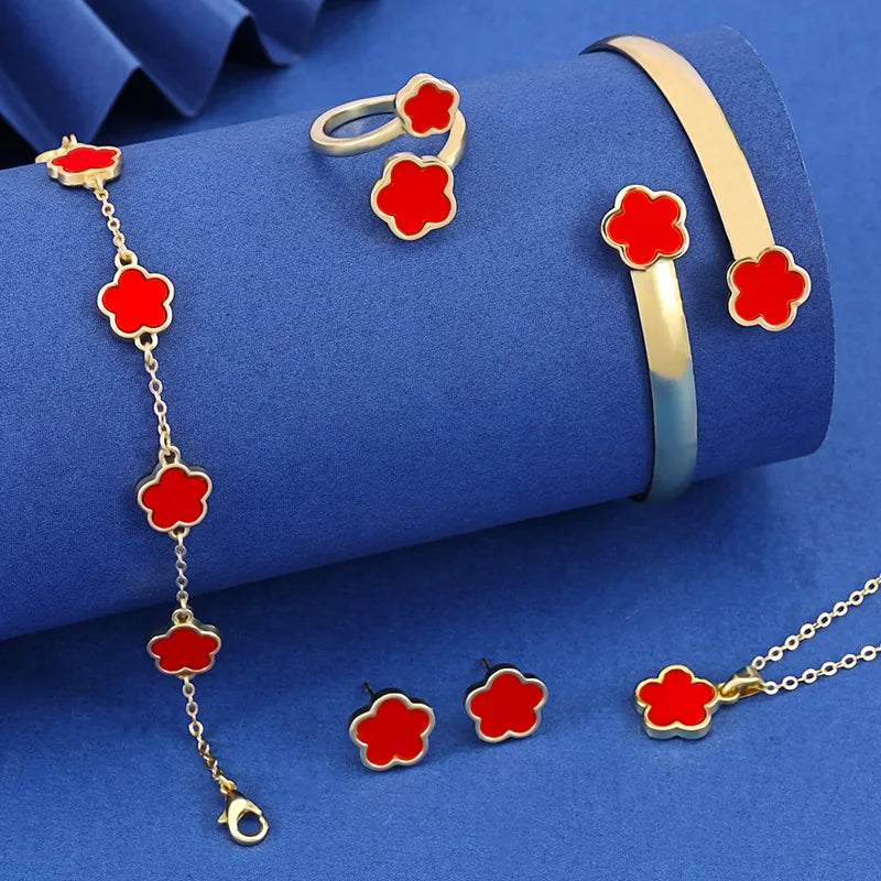Five Leaf Flower Jewelry Set – Bracelet, Necklace, Earrings & Ring Floral Jewelry Set Qme
