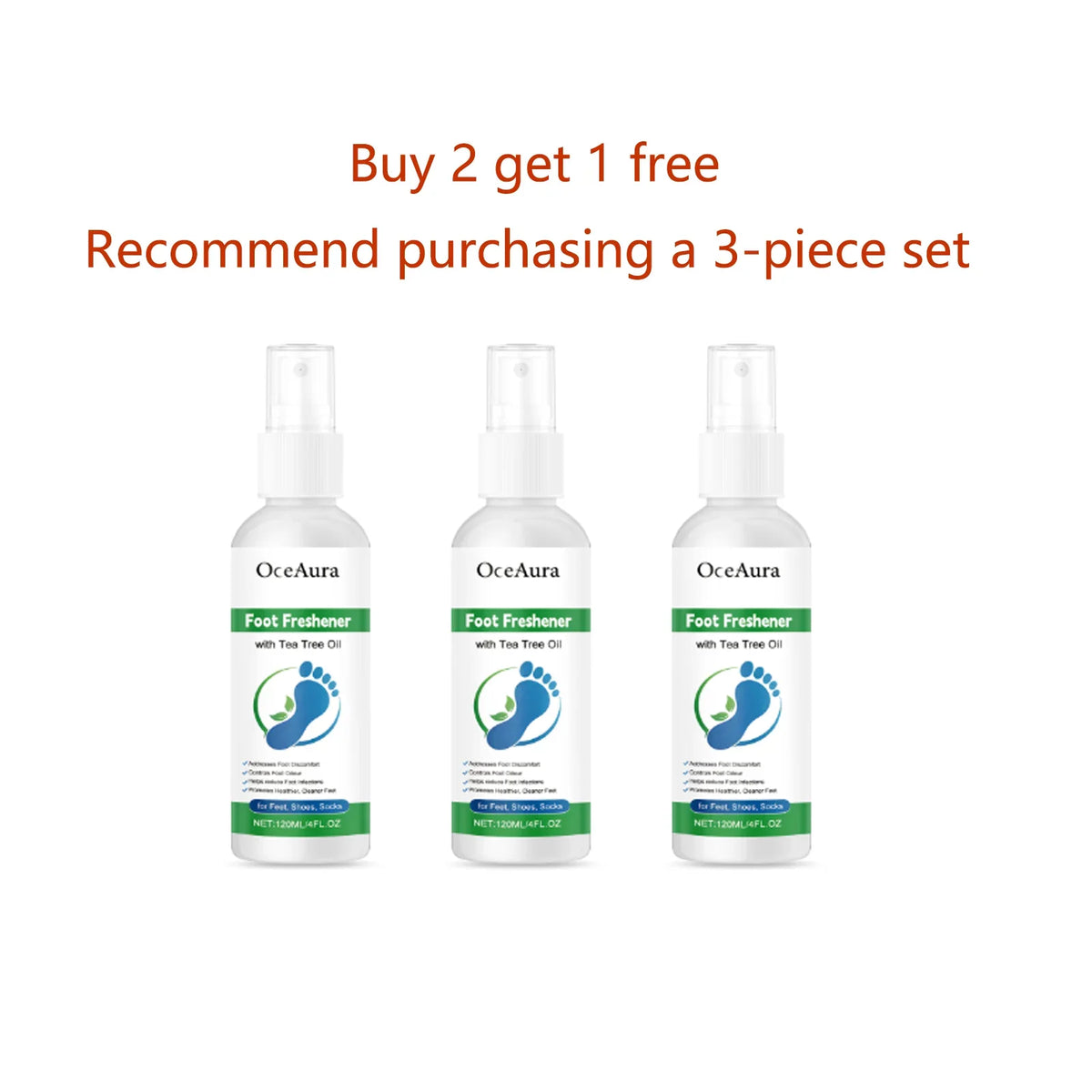 Oceaura Tea Tree Oil Foot Deodorizing Freshening Spray Foot Care Spray Qme 120ml x3