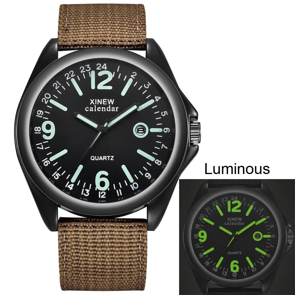 Men's Luminous Quartz Watch | Canvas Strap & Calendar Men's Quartz Watch Qme Brown No