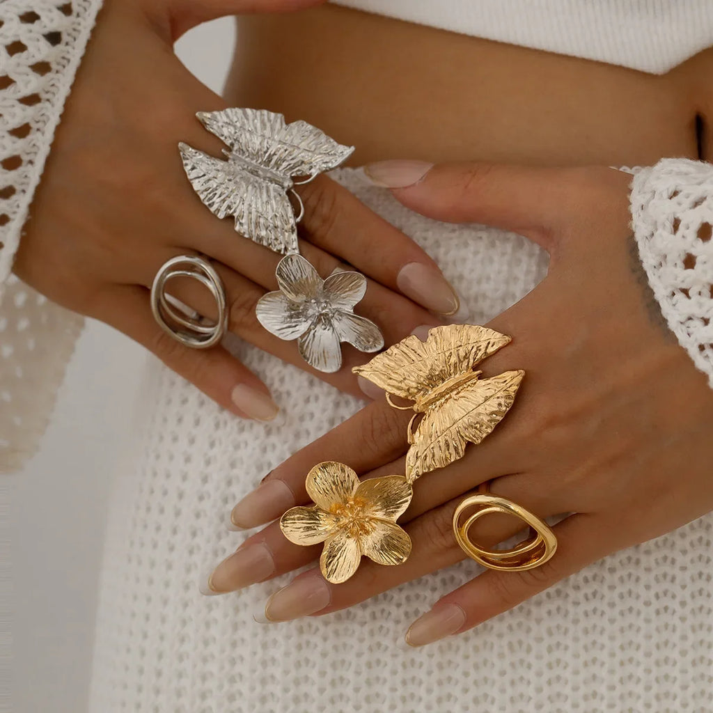 Boho Butterfly Flower Rings for Women – 5 Styles Adjustable Boho Statement Ring Qme
