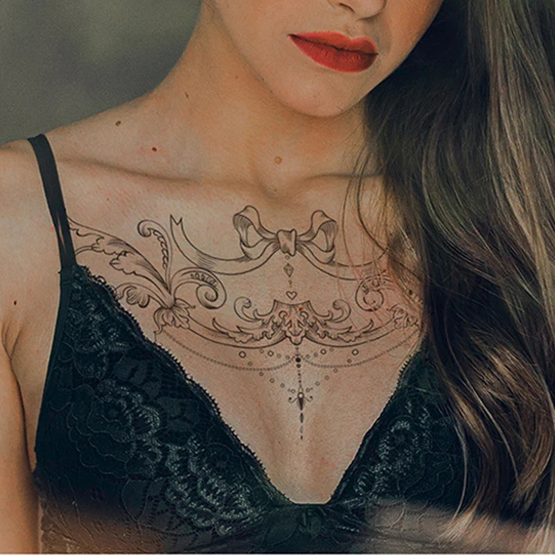 Black Bow & Wave Temporary Tattoo Sticker – Chest Back Abdomen Temporary Tattoo Sticker Qme