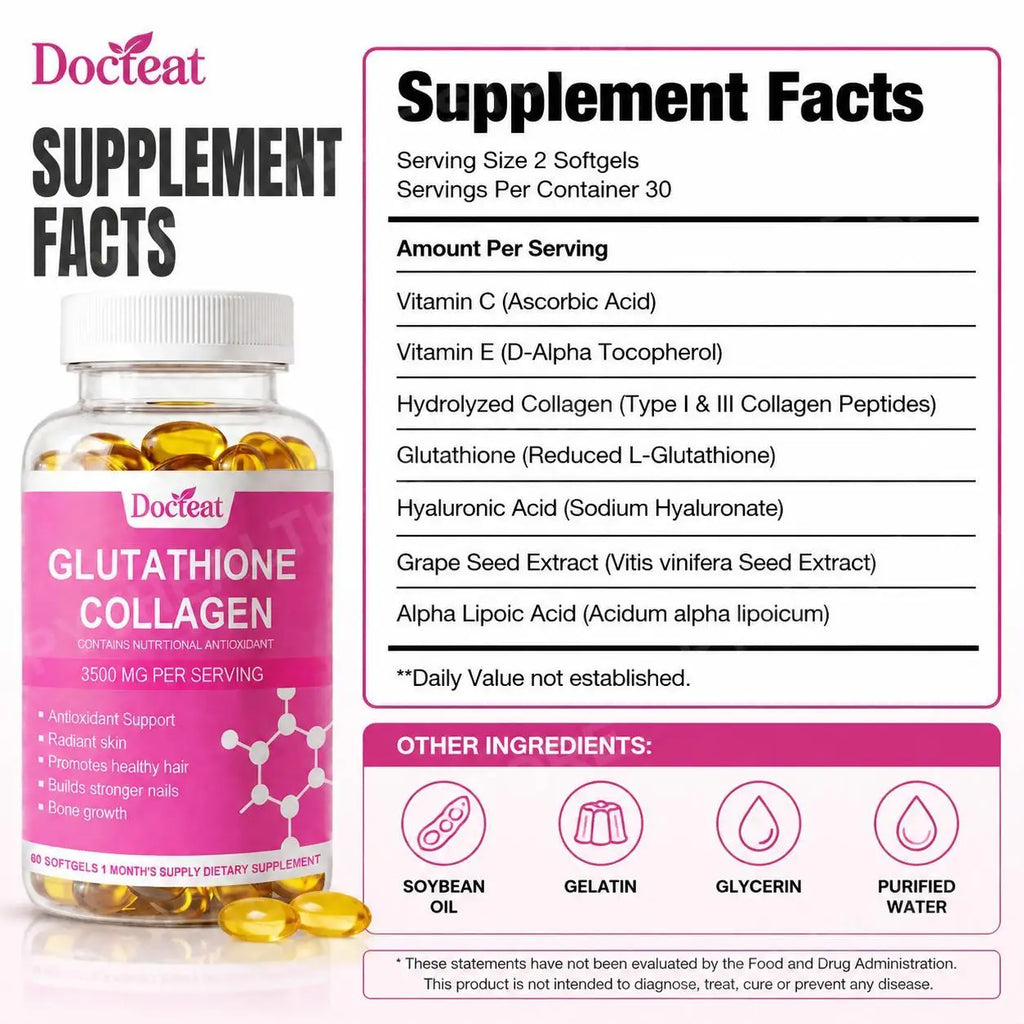 Glutathione Collagen Softgels – Vitamin C, E & Hyaluronic Acid 60ct Beauty Supplement Softgels Qst