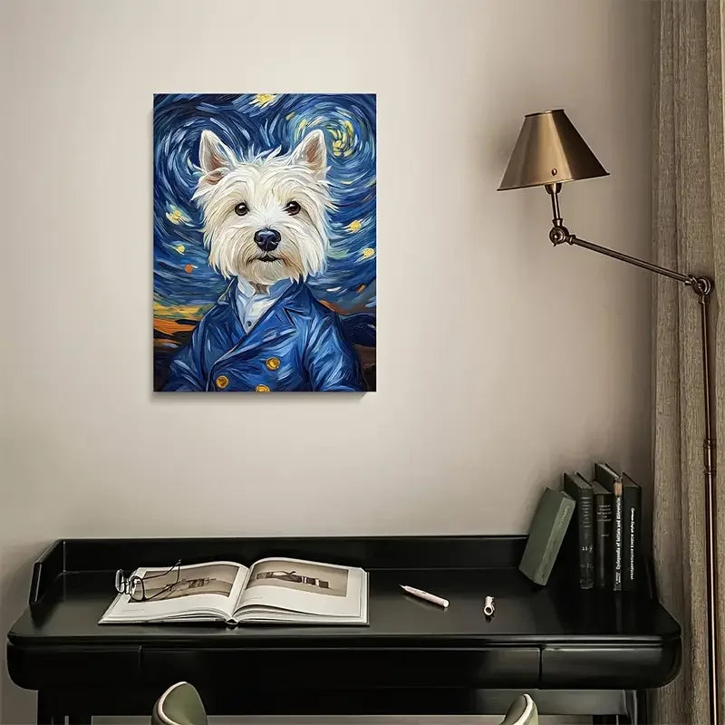Van Gogh Westie Dog Canvas Art – Starry Night Style 11.8x15.7" Canvas Wall Art Qst