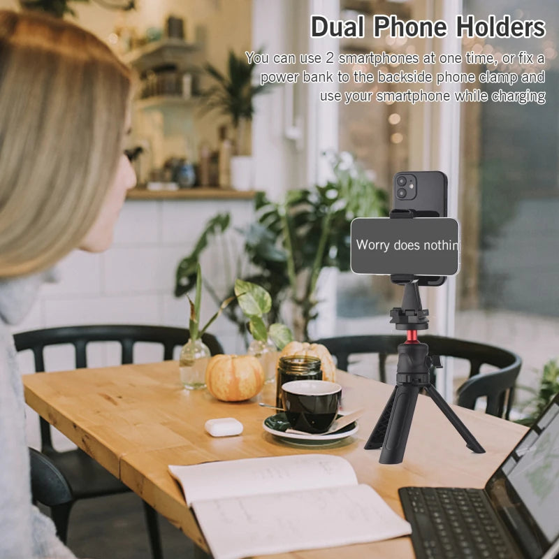 Andoer AD-04 Dual Phone Tripod Mount – 360° Smartphone Clamp Phone Tripod Mount Qst
