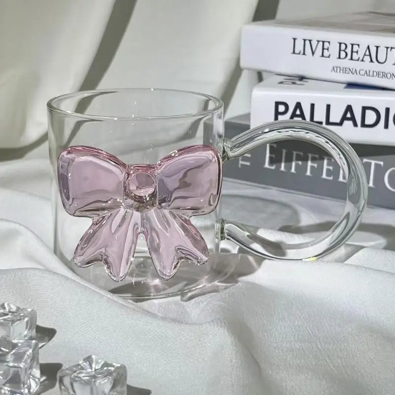 Pink Bow Glass Cup with Handle – Heat-Resistant Borosilicate Decorative Glass Cup Qme