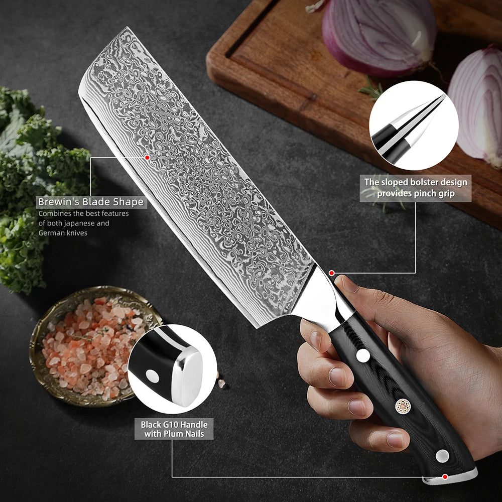 XITUO 7" Damascus Nakiri Knife – 67-Layer VG10 Steel & G10 Handle Damascus Nakiri Knife Qst