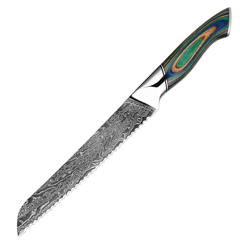Xituo Damascus Steel Chef Knife Set – Green Wood Handle Chef Knife Set Qst Bread Knife