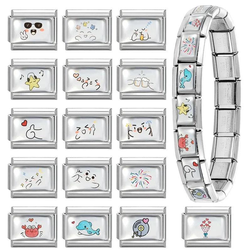 Kawaii Italian Charm Link Bracelet – Dolphin, Crab & Cat Charm Link Bracelet Qme