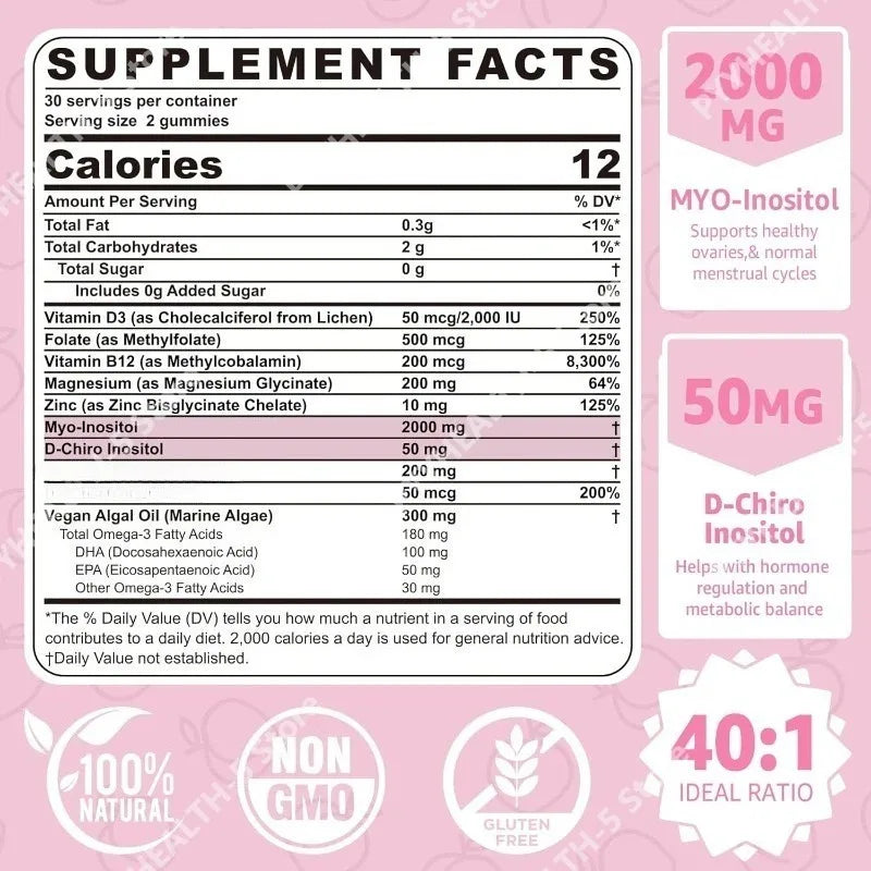 Myo-Inositol D-Chiro Gummies 2000mg 40:1 Vegan 60ct Inositol Supplement Gummies Qst