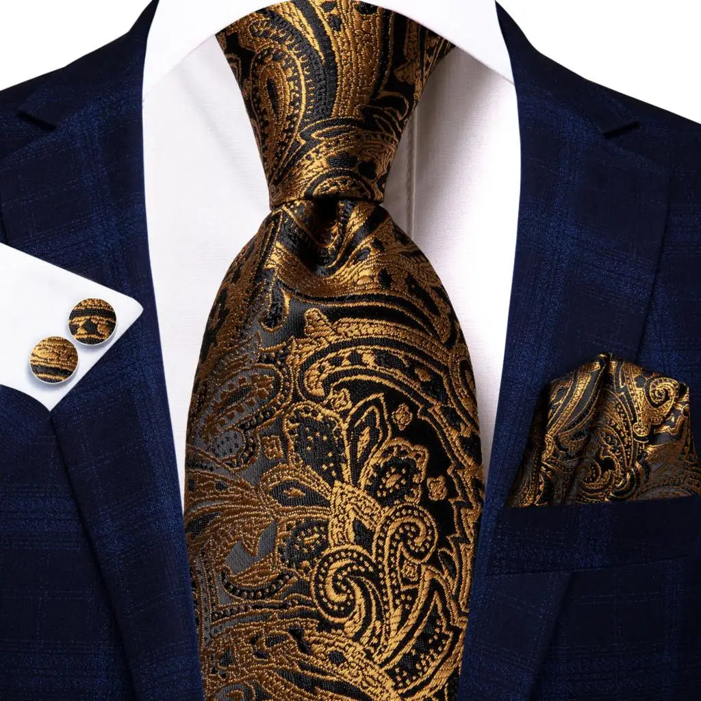 Hi-Tie Men's Orange Grey Paisley Silk Necktie Gift Set Necktie Gift Set Qme 3379