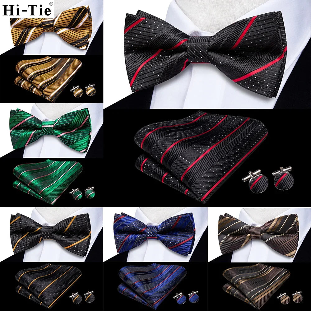 Hi-Tie Striped Black Red Pre-Tied Bow Tie & Cufflinks Set Bow Tie Gift Set Qme