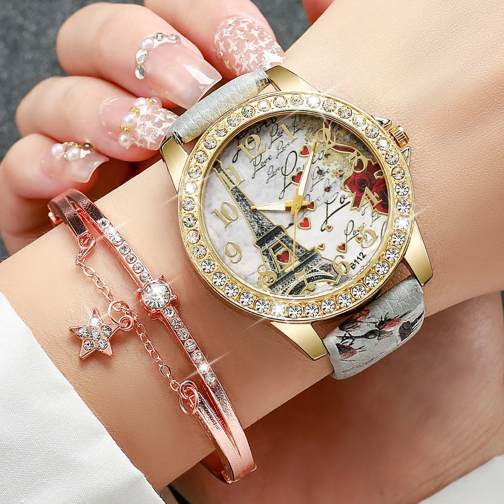 Floral Leather Watch Set 4-in-1 Marble Stone Charm Bracelets Fashion Watch Set Qme 2PCS B No Box-1