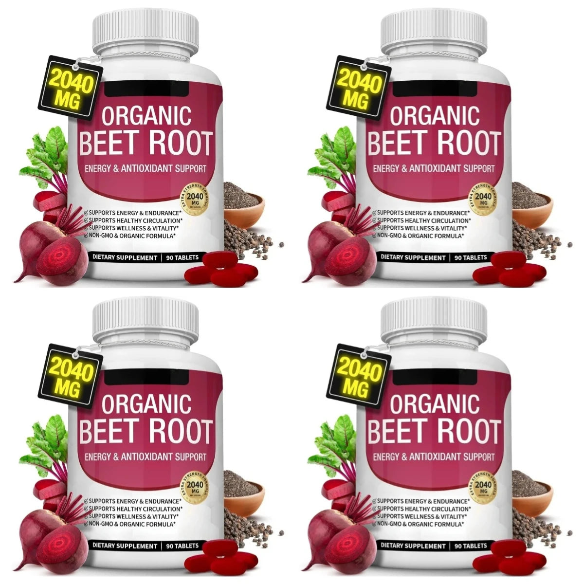 Organic Beet Root & Black Pepper Supplement – 90 Tablets Dietary Supplement Qst 4 bottles