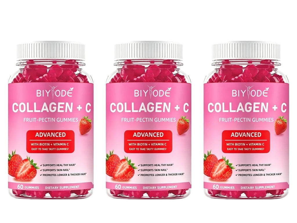 BIYODE Collagen + C Gummies with Vitamin C – 60ct | Hair Skin Nails Collagen Gummies Qst 180 Count(Pack of 3)