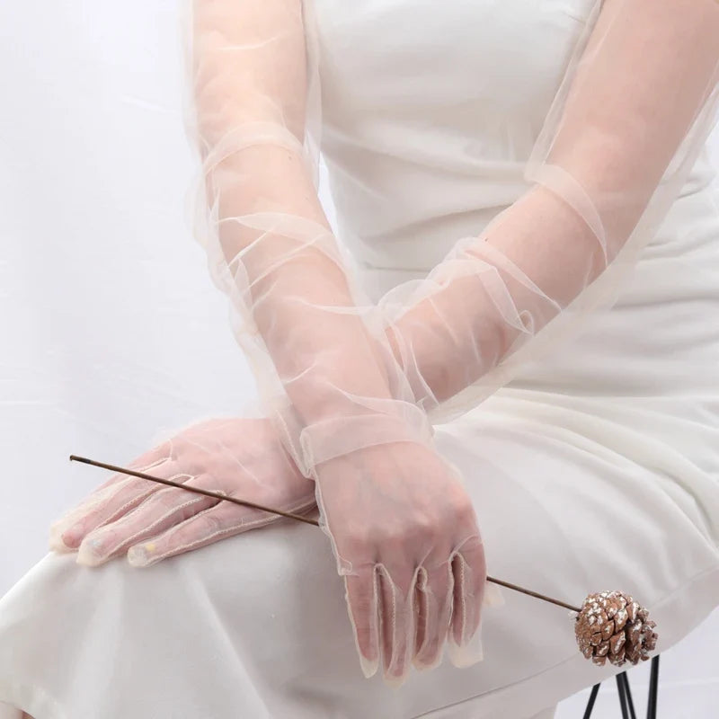 Women's Long Sheer Tulle Gloves Full Finger Mesh Arm Gloves Mesh Fashion Gloves Qme Beige 55cm