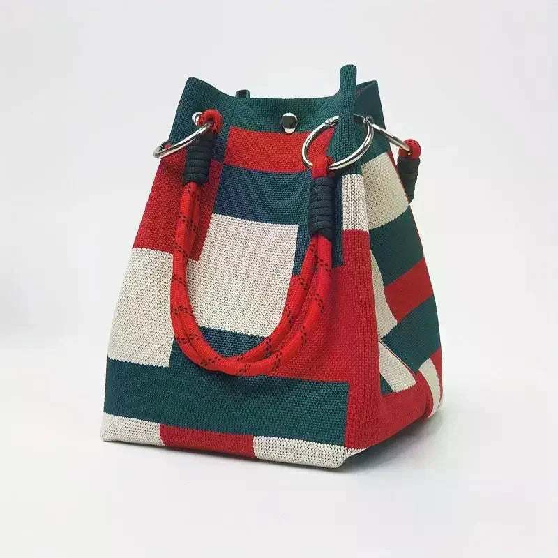 Multi-Color Knitted Retro Bucket Handbag | Color-Block Bag Knitted Bucket Handbag Qme