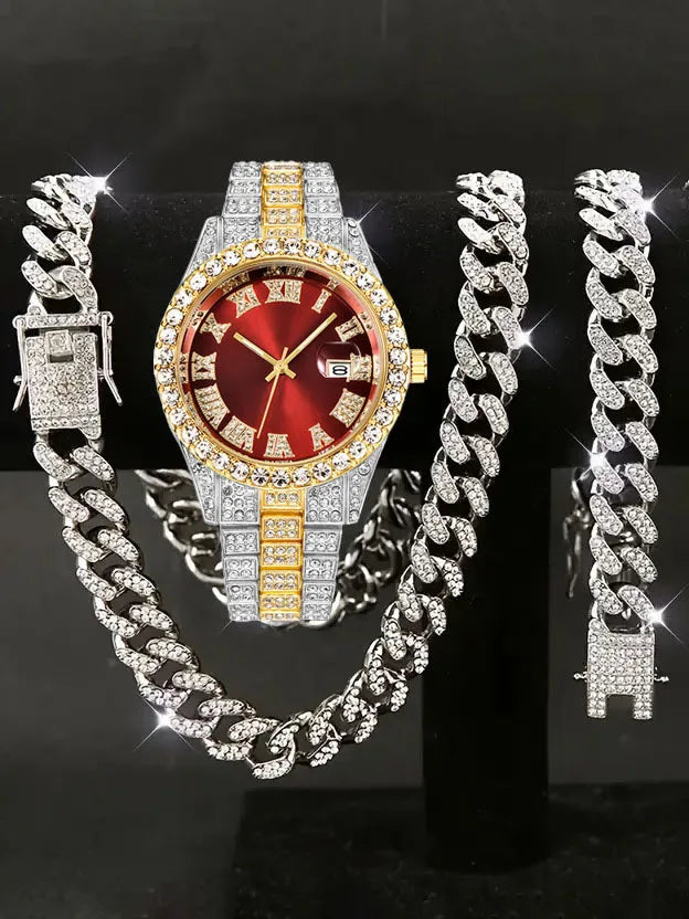 Hip Hop Watch Set – Diamond Bracelet, Necklace & Large Dial Hip Hop Watch Set Qme Gold