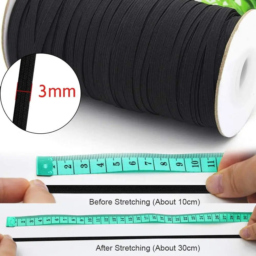 160 Yards Black Flat Elastic Band – Heavy Stretch Knit 3mm Knit Elastic Band Qme